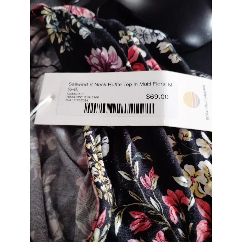 NWT 78 & Sunny Women Babydoll Floral Gypsy Sailwind V Neck Ruffle Top M-MSRP$69 - Picture 5 of 12